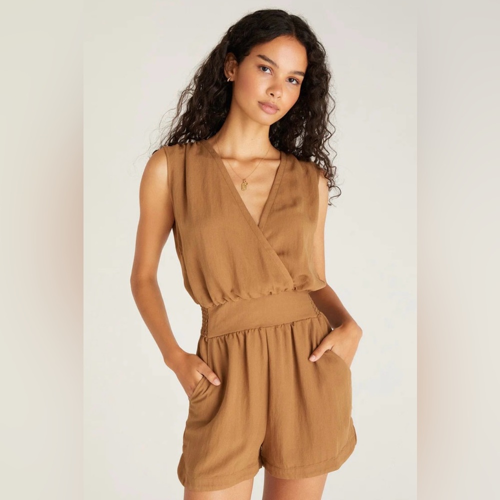 Z Supply Tan Sleeveless Surplice Romper